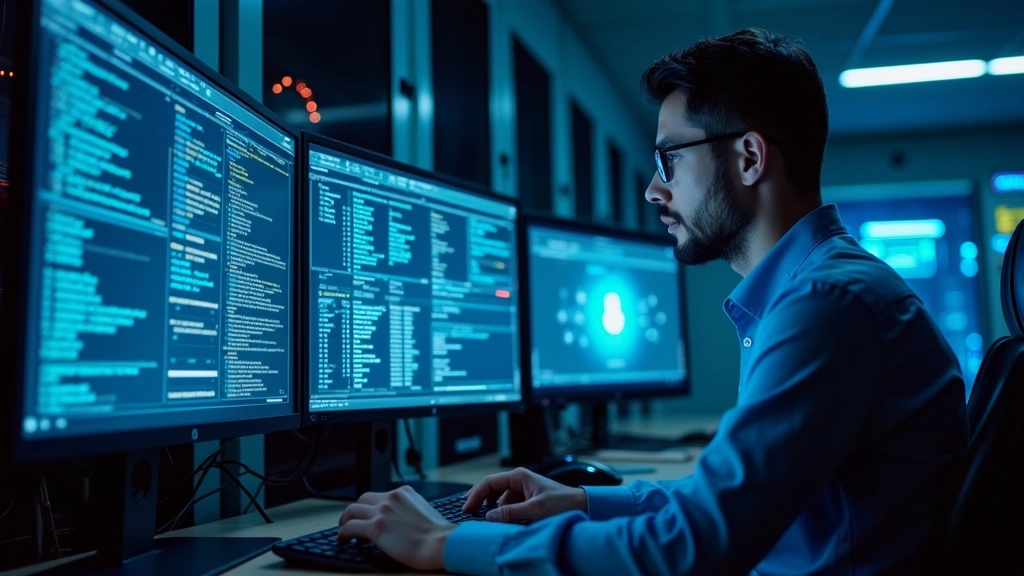 Professional cybersecurity analyst examining encrypted data transmission on multiple monitors in a secure server room environment with blue lighting and security infrastructure visible