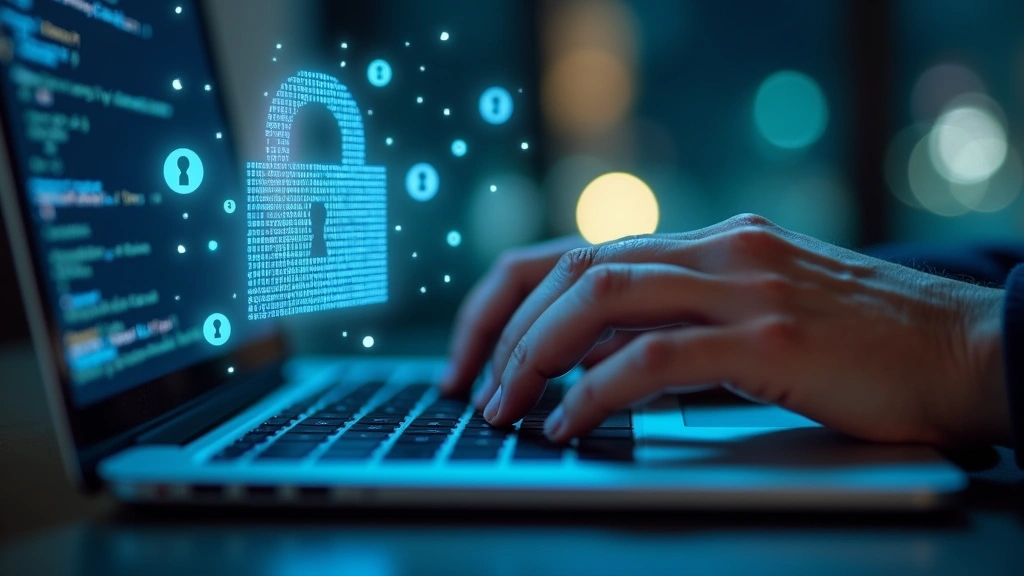 Close-up of hands typing on a laptop keyboard with a digital padlock hologram and encryption symbols floating above the keyboard, representing secure communication