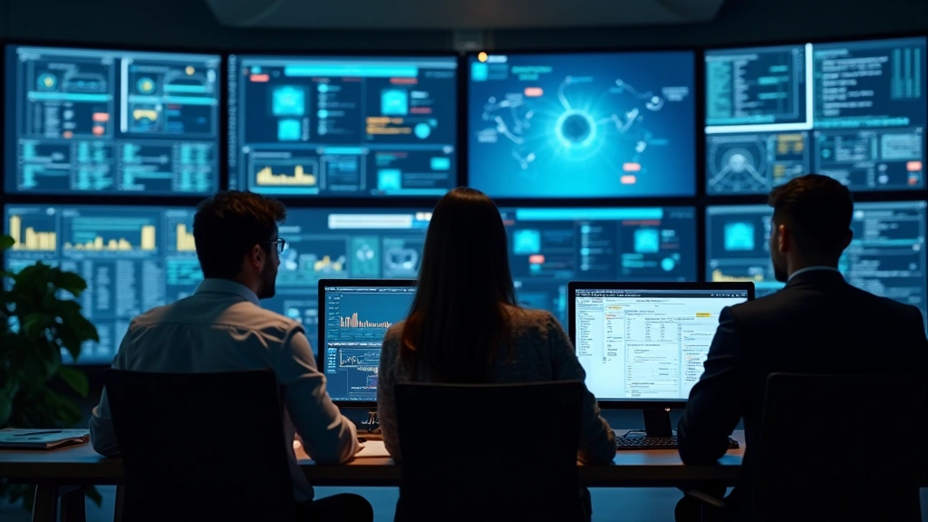 Modern educational institution IT security team reviewing security dashboards and system alerts on large display screens showing authentication protocols and threat detection systems
