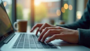 Close-up of a student typing on a laptop keyboard with college campus blurred in background, modern office lighting, photorealistic