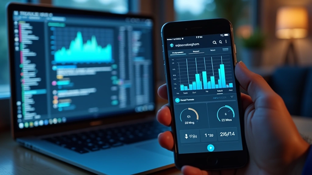 Split-screen showing a laptop and smartphone displaying the same web interface with loading indicators and performance metrics visible, professional tech setup