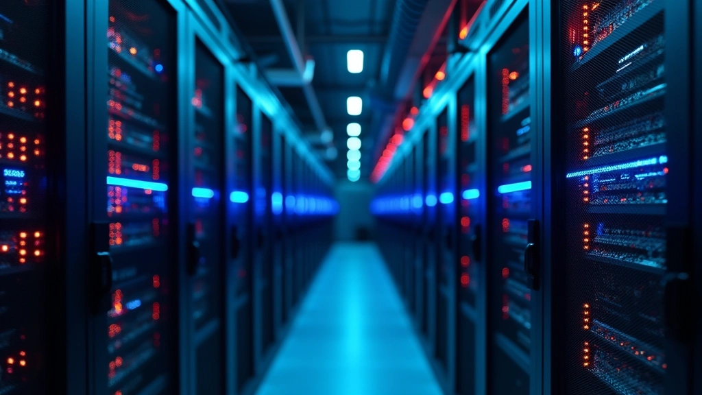 Server room with multiple rack-mounted systems, blue and red indicator lights, network cables, representing enterprise infrastructure and system capacity