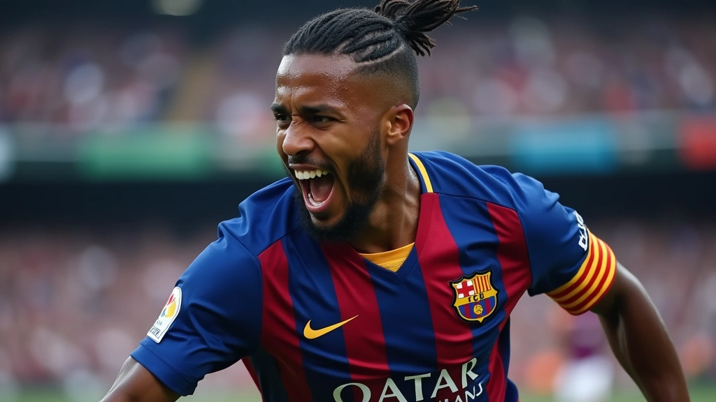 Professional footballer wearing blue and red striped Barcelona Nike jersey during intense match play, sweat visible on performance fabric, dynamic action shot with stadium background, photorealistic sports photography