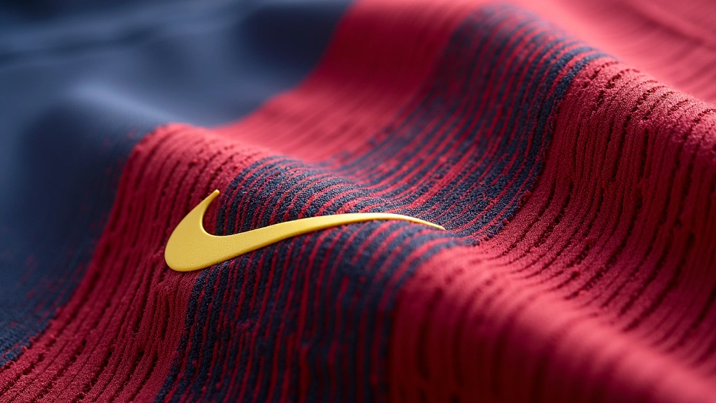 Close-up detailed view of Nike Dri-FIT fabric texture and flatlock seams on Barcelona kit, showing moisture-wicking material properties, natural lighting highlighting fabric weave pattern, no logos or text visible