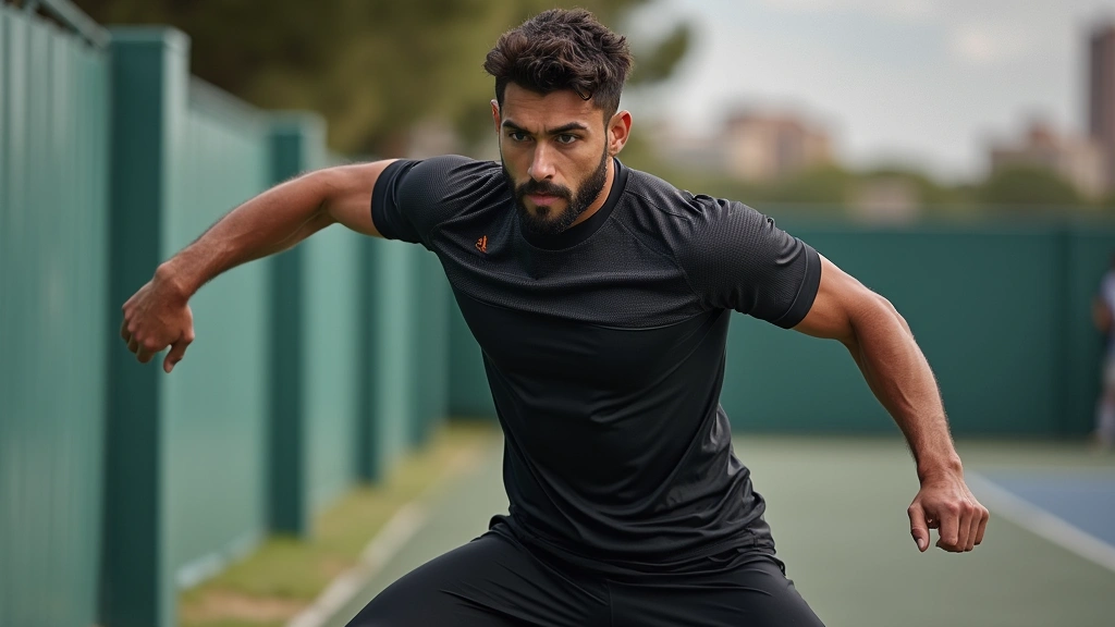 Athlete in Barcelona training gear performing high-intensity drill work, showcasing compression fit and aerodynamic design, sweat management visible on performance wear, professional sports photography environment