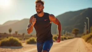 Professional athlete wearing Barcelona Nike Tech compression shorts and moisture-wicking top during intense outdoor training session in Mediterranean sunlight, showcasing fit and fabric details without visible logos or text