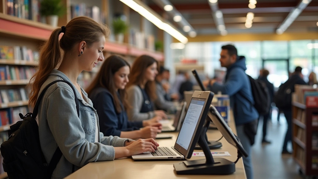 Student at checkout counter with tech items, registers and store interior visible, campus bookstore atmosphere, natural daytime lighting, realistic photography