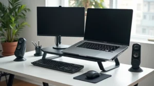 Professional workspace featuring modern laptop on adjustable stand with external monitor, mechanical keyboard, wireless mouse, and organized cable management system on clean desk