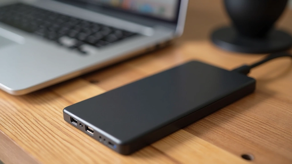 External solid state drive and portable hard drive on wooden surface with laptop nearby
