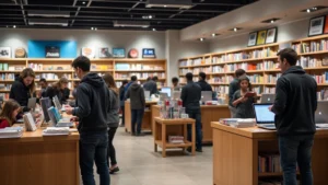 Modern college bookstore interior with organized shelves displaying textbooks and electronics, students browsing merchandise under warm lighting, laptop accessories and study gadgets prominently displayed on shelving units