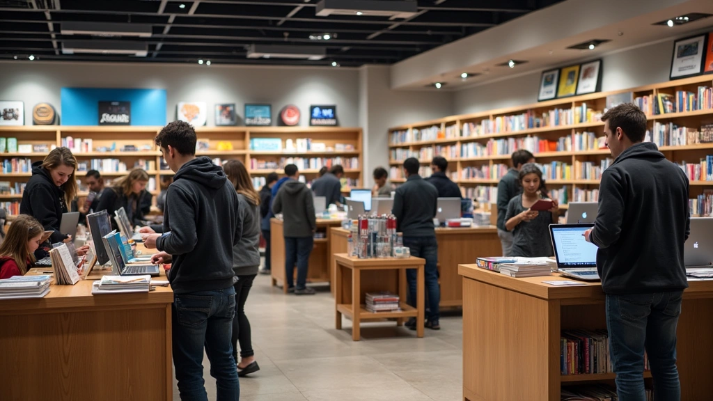 Modern college bookstore interior with organized shelves displaying textbooks and electronics, students browsing merchandise under warm lighting, laptop accessories and study gadgets prominently displayed on shelving units
