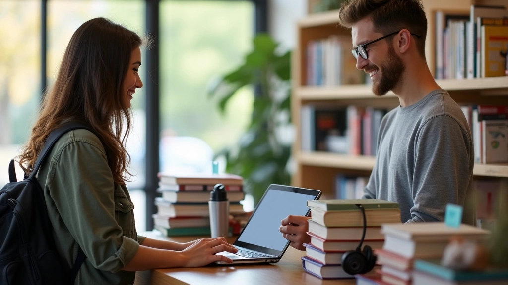 Student at bookstore checkout counter with textbooks and tech accessories, natural campus lighting through windows, friendly retail environment with organized merchandise in background, realistic retail photography