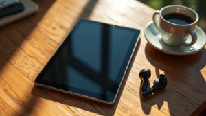 Flat lay overhead view of Barry Tech tablet with metallic aluminum frame catching warm sunlight, coffee cup and wireless earbuds nearby on wooden desk surface, photorealistic product photography