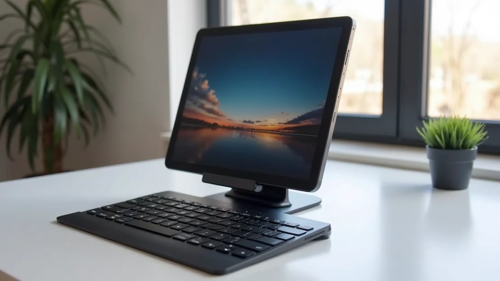 Barry Tech tablet positioned in landscape mode on desk stand with keyboard accessory, showing device profile and premium build quality, modern minimalist workspace setting, photorealistic tech product photo