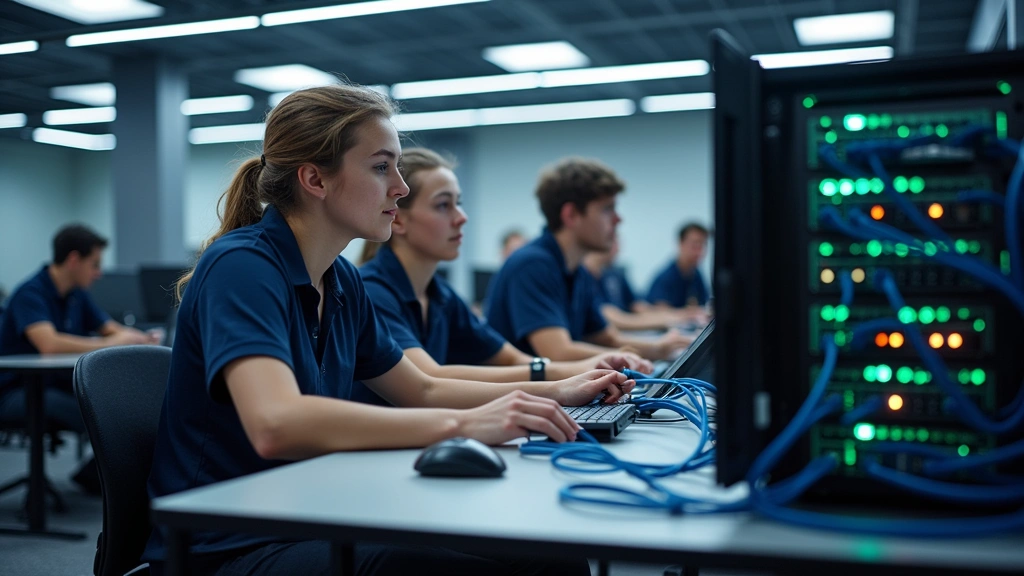 Modern vocational classroom with students working on computer networking equipment, hands-on IT training lab with servers and cables, professional technical education environment