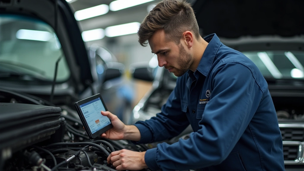 Professional technician using diagnostic equipment on a vehicle in an automotive bay, representing career outcomes and workplace readiness from technical training programs