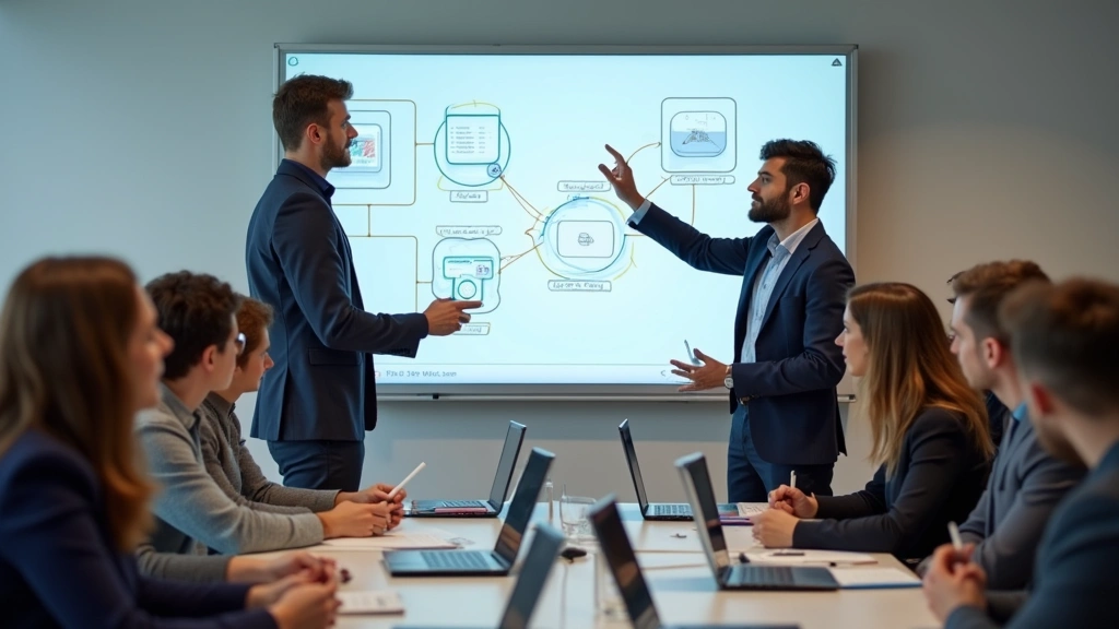 Diverse group of young adults in technical certification training class, instructor pointing at network diagram on whiteboard, students taking notes, collaborative learning atmosphere, professional classroom setting