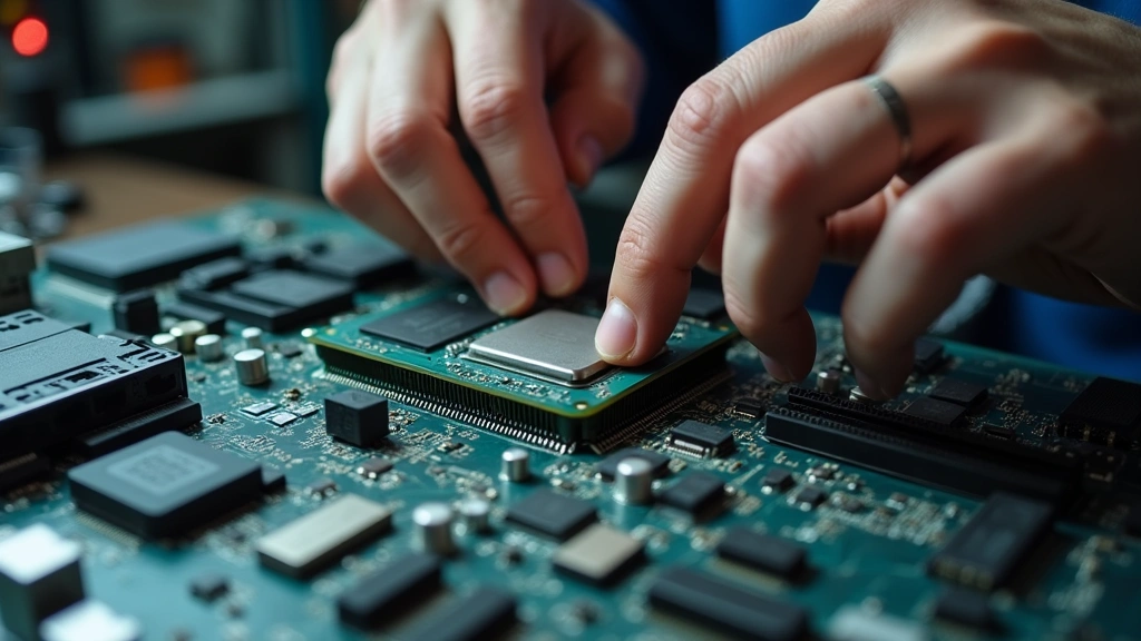 Close-up of hands assembling computer hardware components on workbench, RAM memory sticks and processor visible, technical precision work, well-organized electronics lab with tools and components