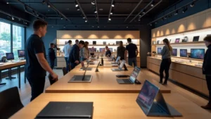 Modern retail electronics store interior with organized product displays, customers examining laptops and smartphones on wooden tables, warm professional lighting, clean minimalist shelving with tech gadgets