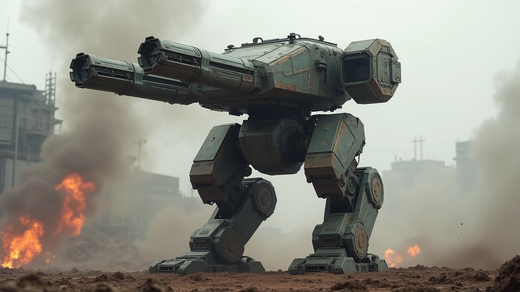 Photorealistic futuristic assault mech with dual ballistic cannons and heavy armor plating standing in industrial battlefield with smoking wreckage background, no screen overlays or text