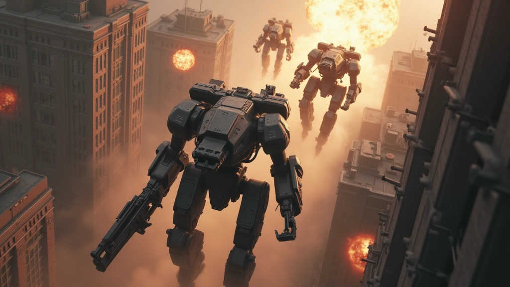 Overhead tactical view of four mechs in coordinated lance formation advancing through urban combat zone with buildings and explosions, photorealistic military sci-fi aesthetic without any visible text or labels