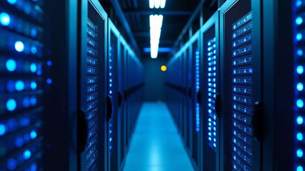 Modern data center server racks with blue LED indicators and fiber optic cables, professional lighting, clean architectural composition