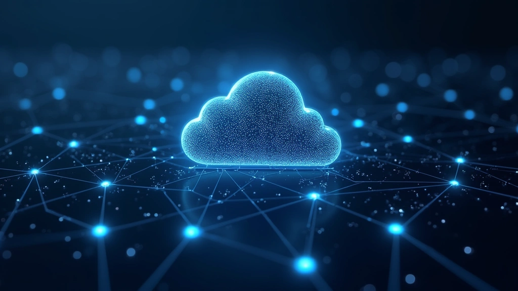 Cloud infrastructure diagram visualization with interconnected nodes and glowing network connections, abstract tech aesthetic, photorealistic rendering