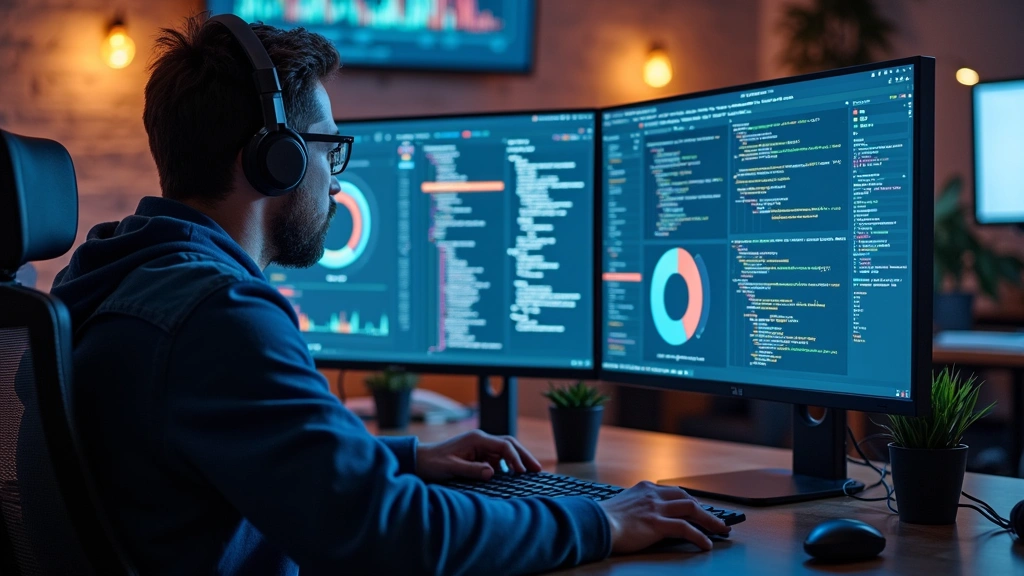 Developer working at desk with multiple monitors displaying code and cloud dashboards, focused work environment, professional tech workspace
