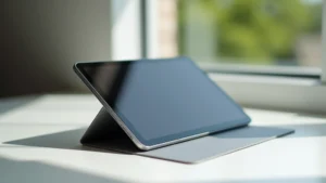 Sleek aluminum tablet with minimalist design, sitting at angle on table, natural lighting, showing thin bezels and premium build quality, no screen content visible