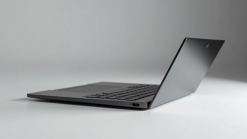 Professional product photography of premium aluminum laptop with minimalist design, sleek thin profile, matte finish, photographed from angled perspective showing keyboard and trackpad detail, studio lighting, neutral background