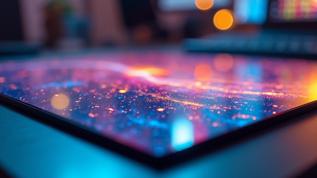 Close-up technical photography of high-resolution OLED display panel showing vibrant colors, precise color accuracy, crystalline clarity, reflecting professional design workspace, ambient studio lighting without glare