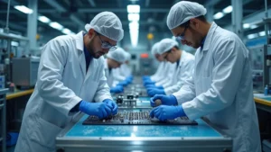 High-tech laboratory with engineers assembling advanced sensor components on precision workbenches, professional clean room environment with modern equipment