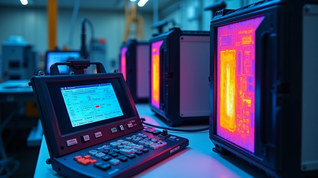 Battery testing apparatus with sophisticated instrumentation measuring electrical performance, thermal imaging showing heat distribution across battery modules