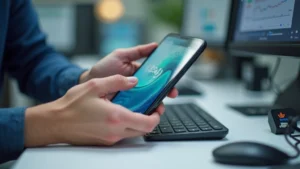 Professional tech reviewer testing smartphone performance with measurement equipment on clean desk, hands holding device demonstrating screen clarity and design quality