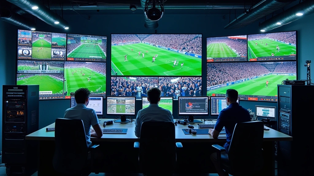 Professional sports broadcast control room with multiple monitors displaying football game feeds, technical operators managing video streams and graphics overlays, high-tech equipment racks with servers and networking hardware, dramatic lighting highlighting complex technical setup