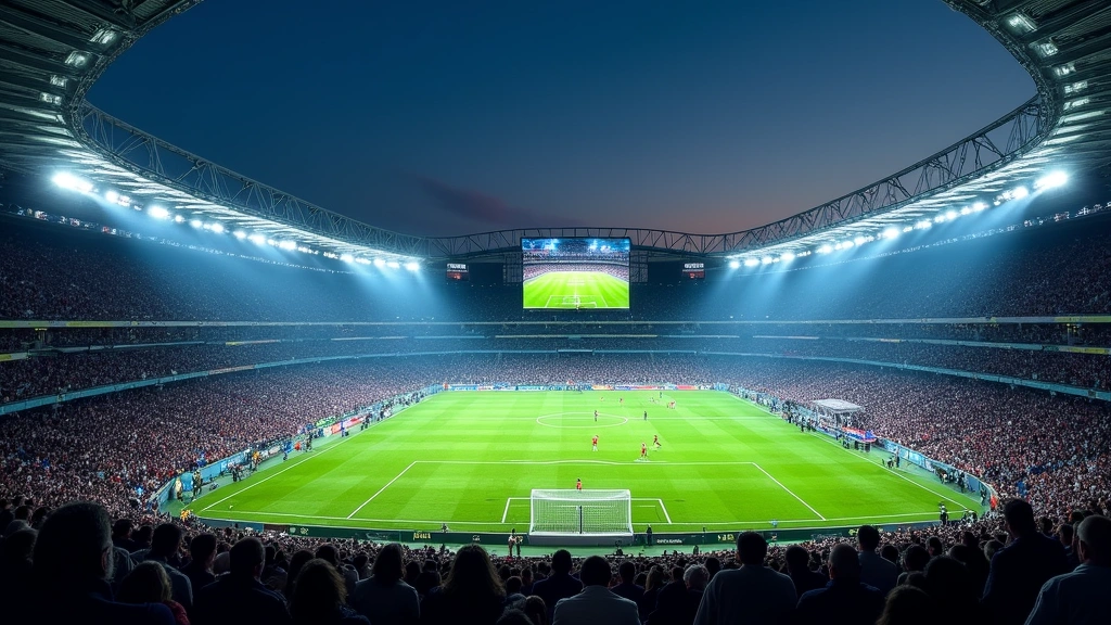 Modern stadium LED video board displaying live football action and instant replays in stunning clarity, thousands of fans in stadium seats, bright field lighting illuminating players in action, massive screens showing different camera angles simultaneously