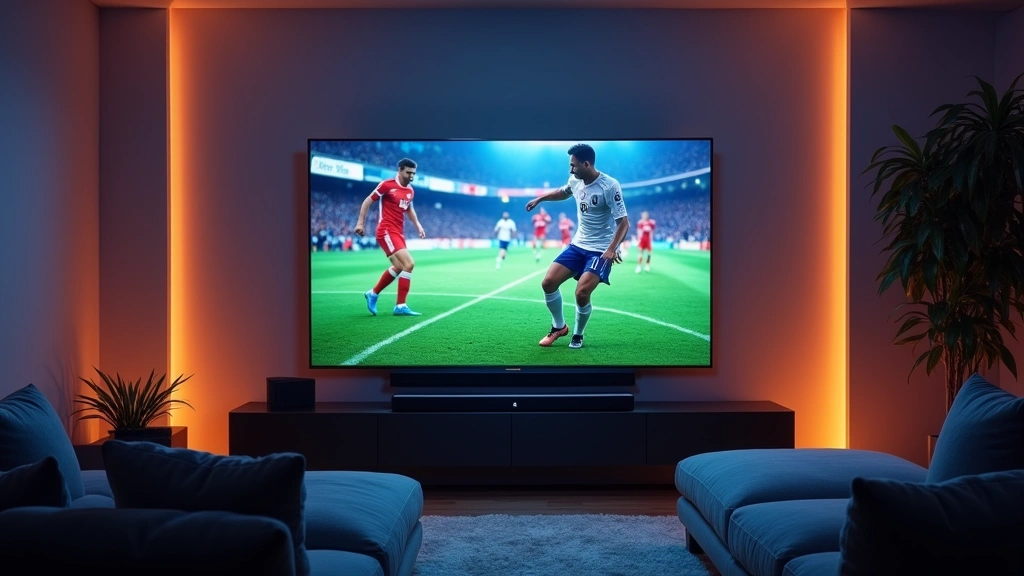 Home entertainment setup with large 4K television displaying football broadcast, soundbar beneath screen, streaming device connected via HDMI, comfortable seating arrangement, ambient lighting creating theater-like atmosphere for sports viewing