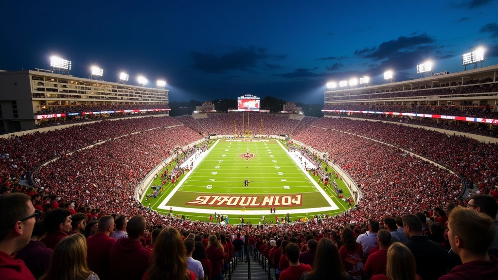 Aerial view of Alumni Stadium Boston College filled with fans wearing maroon and gold, bright stadium lighting, football field in focus, crowd energy visible