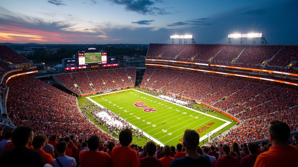 Lane Stadium Virginia Tech aerial perspective showing crowd of fans in burnt orange and maroon, evening game lighting, packed stadium seats, enthusiastic atmosphere