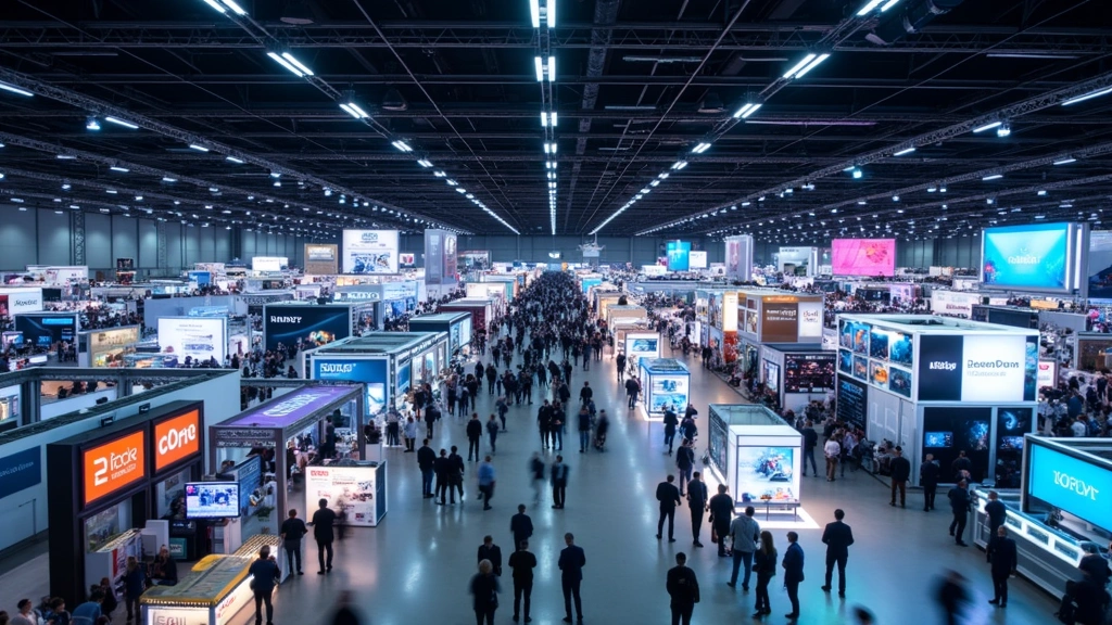 Panoramic view of a modern tech expo floor with multiple exhibition booths, LED displays, and attendees walking between vendor stands, professional lighting, crowded but organized atmosphere