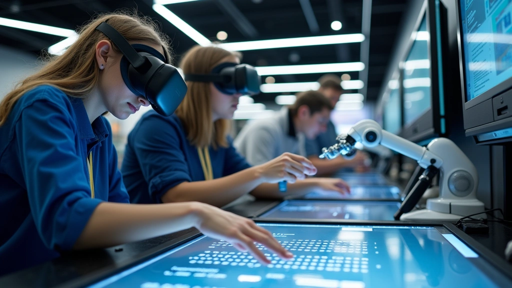 Close-up of hands-on technology demonstration station with attendees interacting with VR headsets, robotic arms, and interactive displays, bright fluorescent lighting, focused engagement
