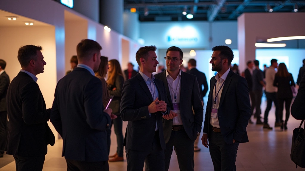 Networking event scene at tech conference with professionals in business casual attire having conversations near refreshment tables, ambient lighting, collaborative atmosphere, diverse group of people