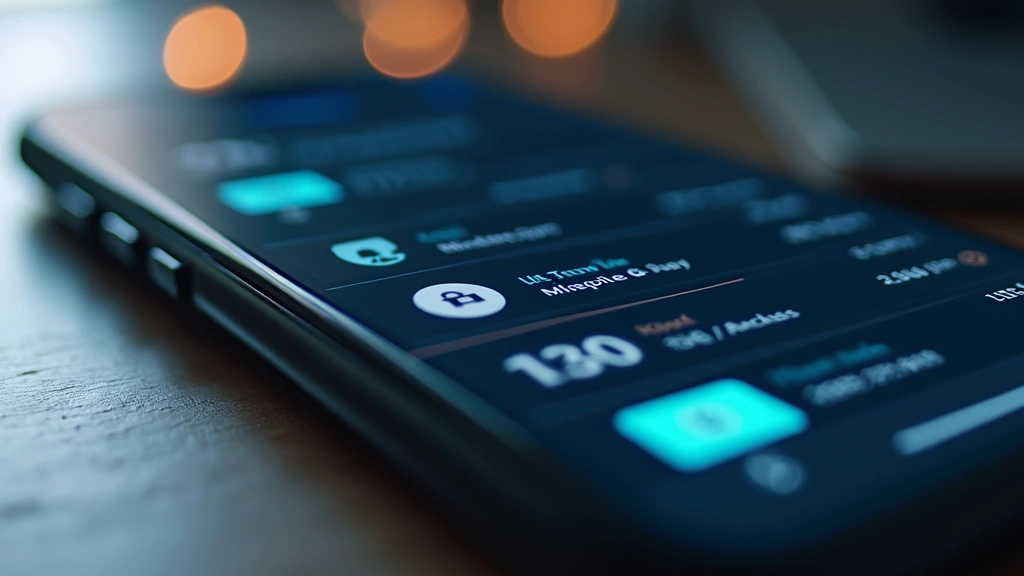 Professional close-up of a smartphone displaying a cryptocurrency wallet interface with security icons and transaction confirmations visible, modern minimalist design aesthetic, shallow depth of field focusing on screen details, clean tech workspace background
