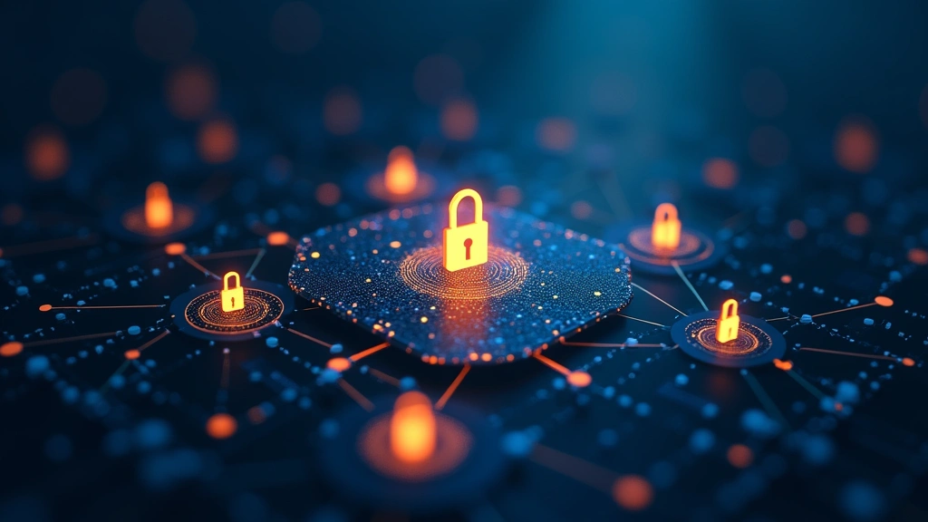 Digital security concept showing layered encryption visualization with glowing lock symbols and interconnected security nodes, abstract tech imagery representing cryptographic protection, blue and gold color scheme, no text or logos