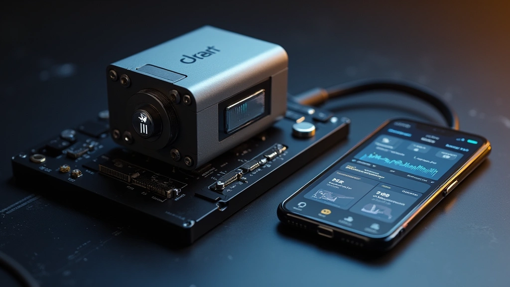 Hardware security device next to smartphone with wallet app, showing multi-device cryptocurrency management setup, professional product photography style, neutral technical background, warm lighting highlighting device details