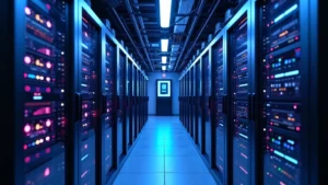 High-tech AI server room with blue and purple lighting, rows of sophisticated computing equipment, fiber optic cables, professional data center environment, no text or logos visible