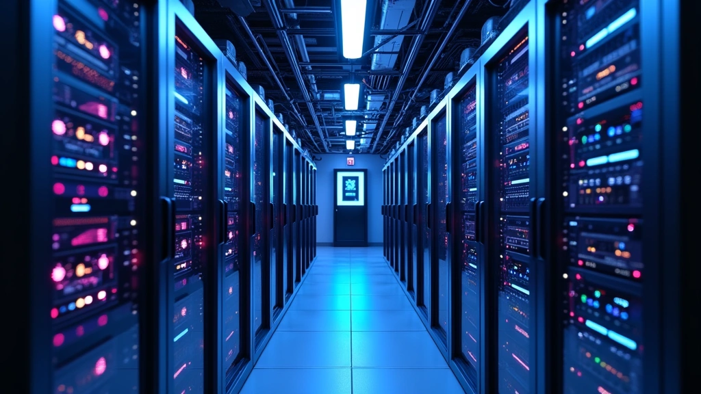 High-tech AI server room with blue and purple lighting, rows of sophisticated computing equipment, fiber optic cables, professional data center environment, no text or logos visible