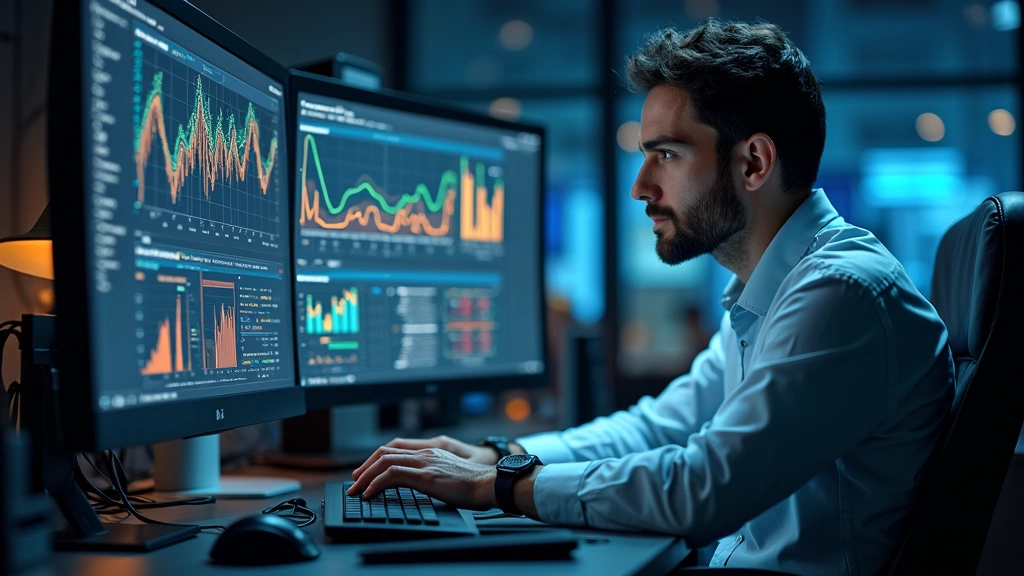 Data scientist working at modern workstation with multiple monitors displaying complex data visualizations, neural network diagrams, machine learning metrics, professional office setting, no visible code or text