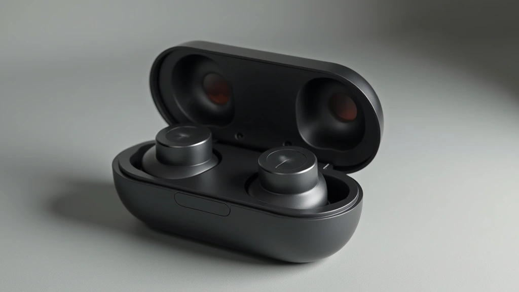 Flat lay photography of premium wireless earbuds in matte finish with charging case, displaying precision engineering, modular design philosophy, and contemporary industrial design