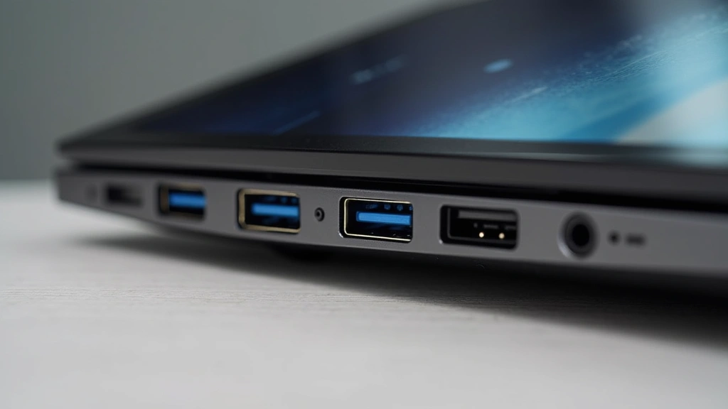 Close-up detail shot of laptop hinge mechanism and port selection showing Thunderbolt 4 connectors and 3.5mm audio jack, emphasizing durability engineering and thoughtful port curation
